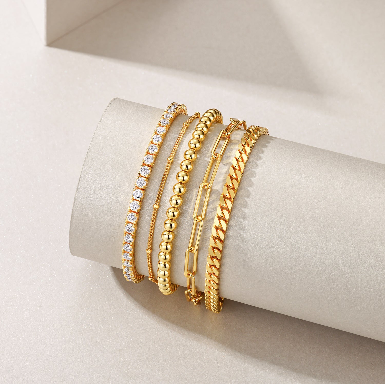 18K Yellow Beaded Cuban Stacked  Fashion Bracelet