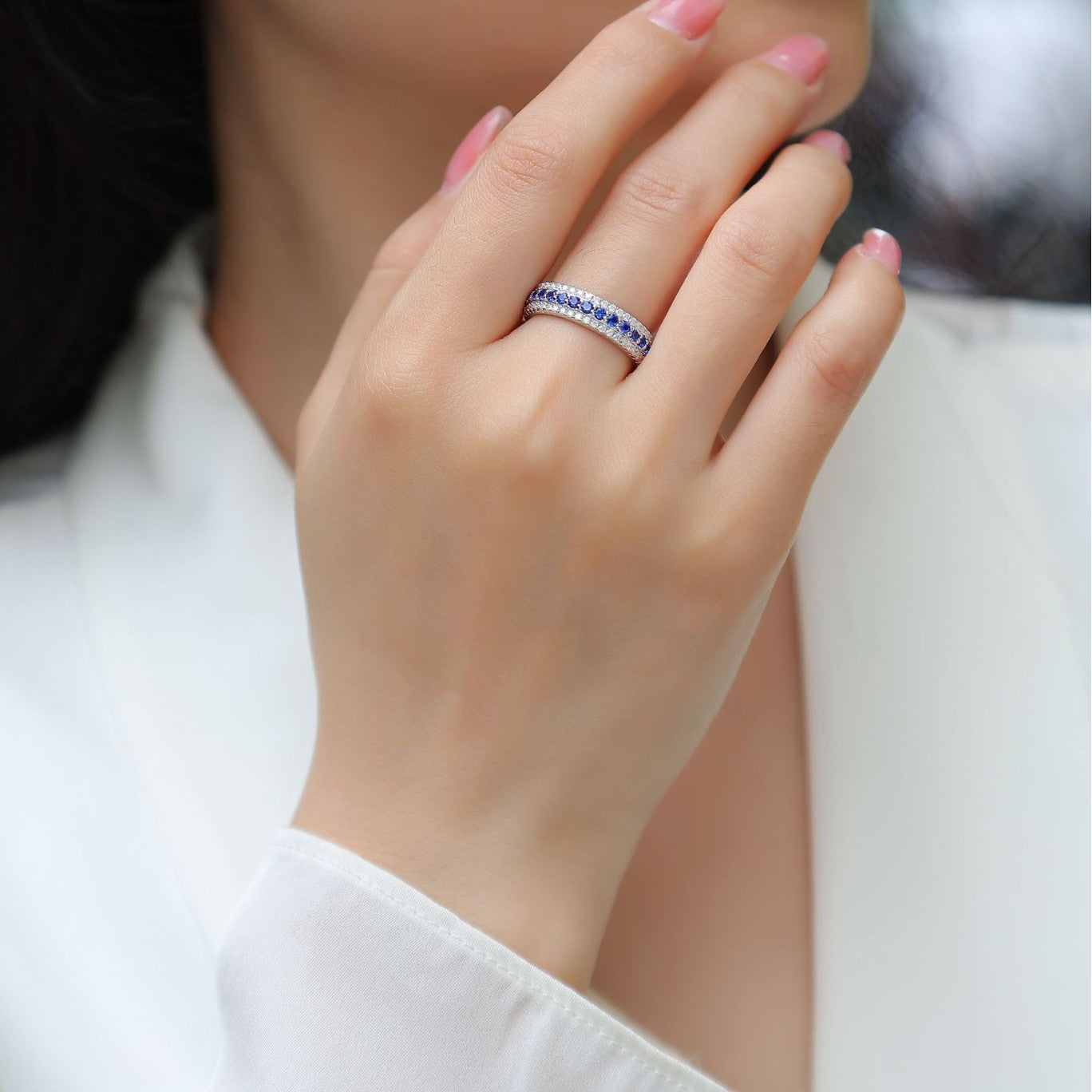 Sapphire full diamond round light luxury ring
