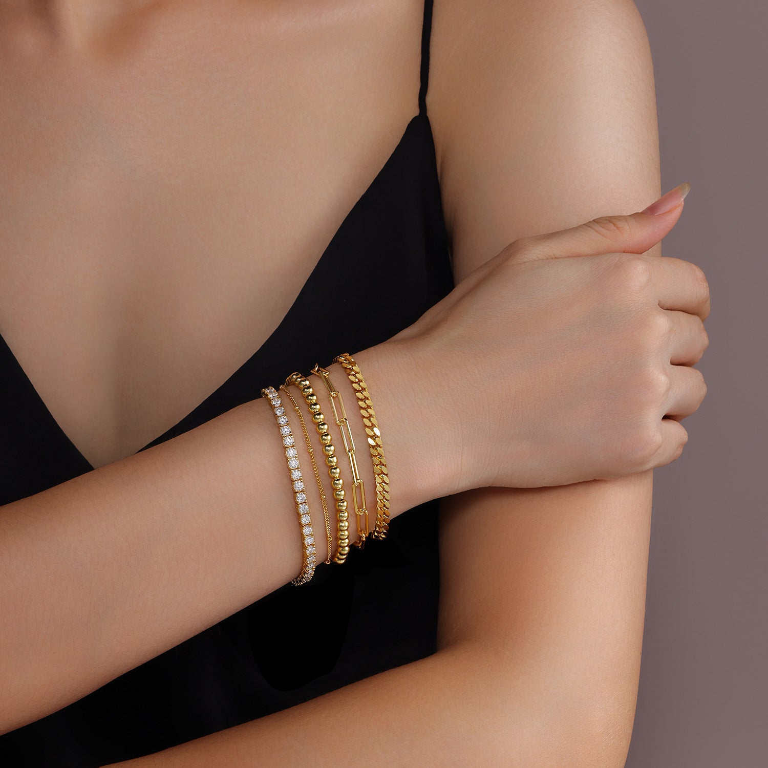18K Yellow Beaded Cuban Stacked  Fashion Bracelet