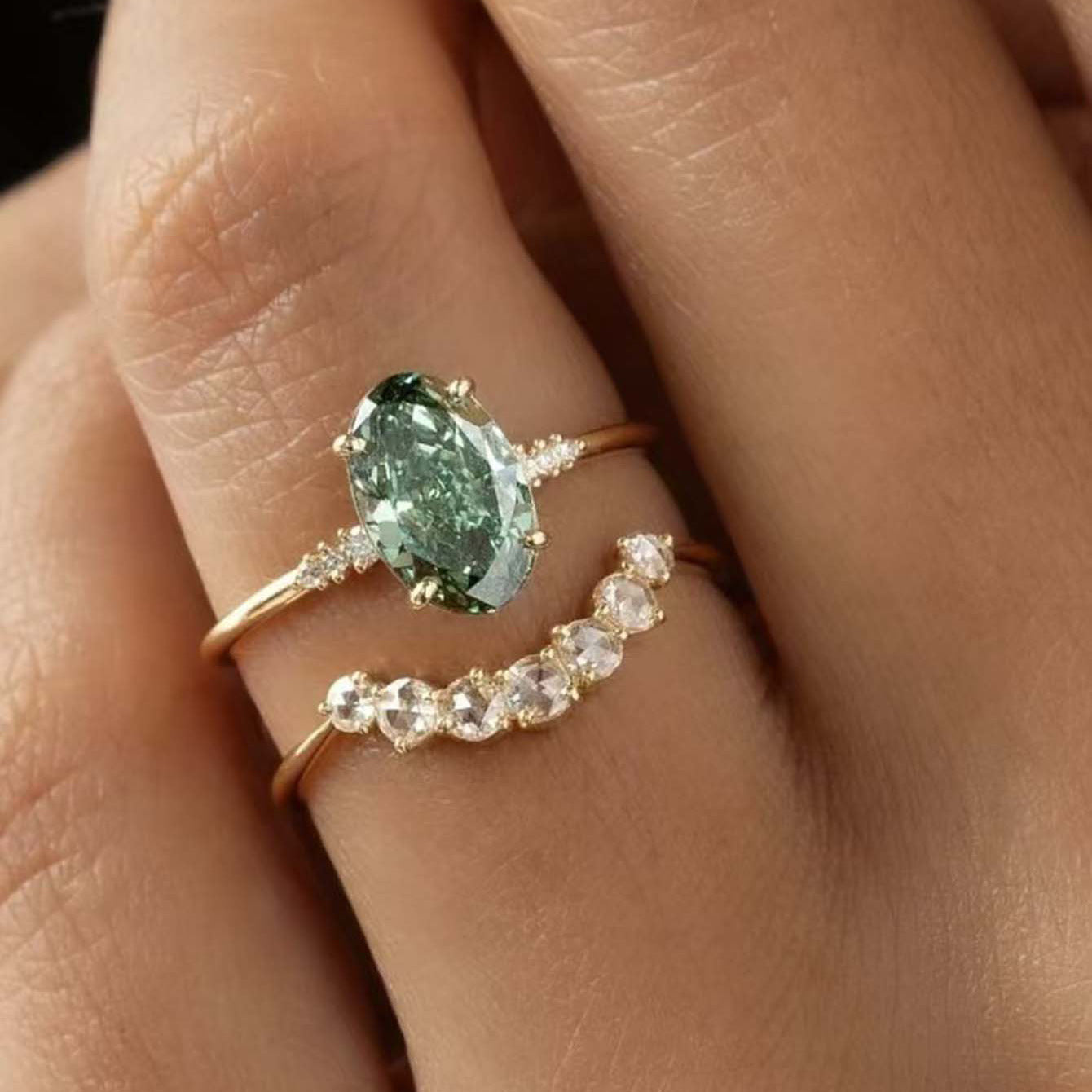 2 carat crown green main stone  ring stacked