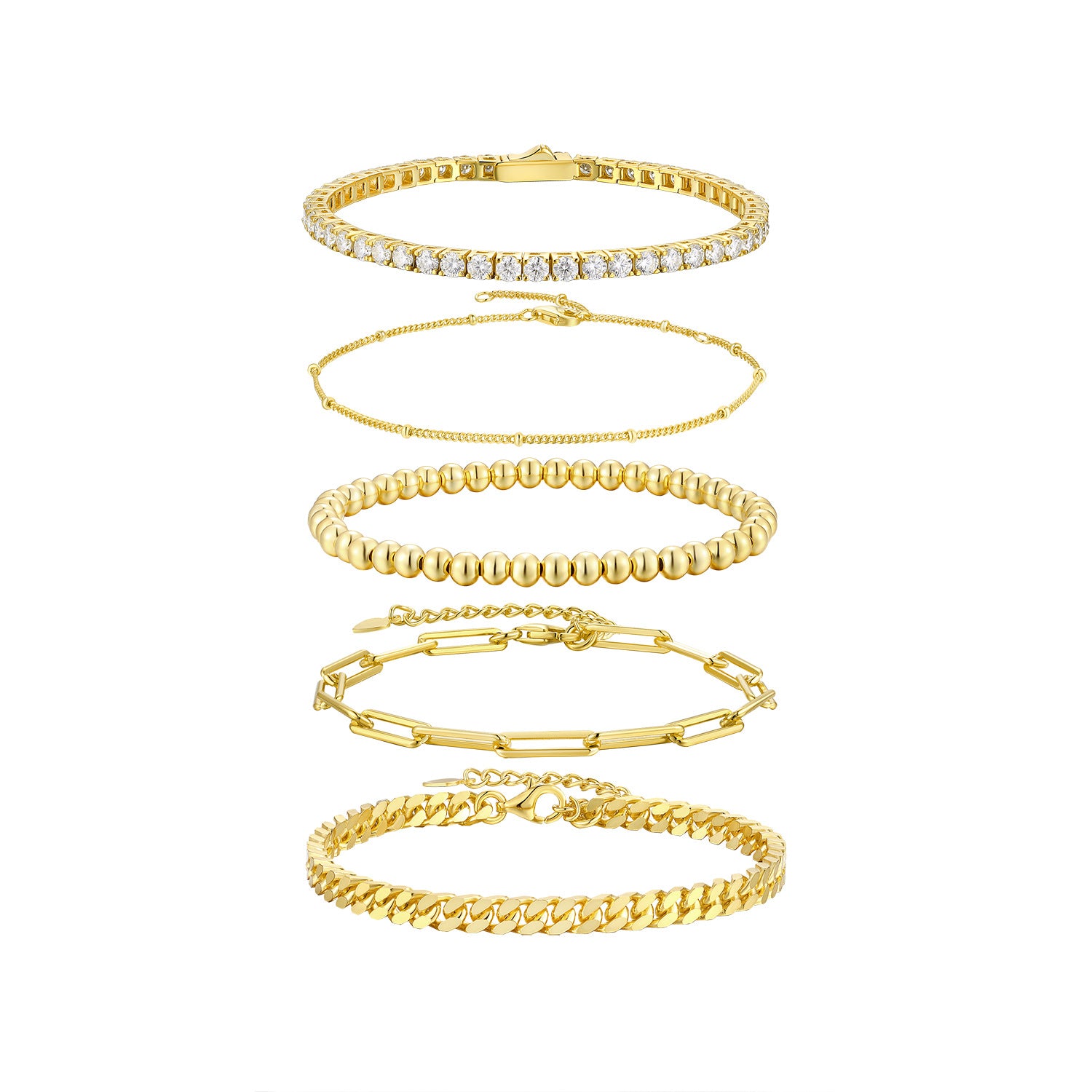 18K Yellow Beaded Cuban Stacked  Fashion Bracelet